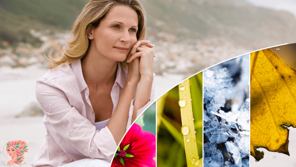 Femme pensive avec un montage des quatre saisons, illustrant les variations d’énergie, d’humeur et de libido interne selon les phases du cycle féminin.