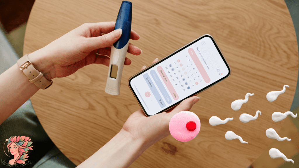 Test d’ovulation et application de suivi de cycle montrant les dates, avec illustrations des spermatozoïdes pour expliquer la fenêtre fertile.