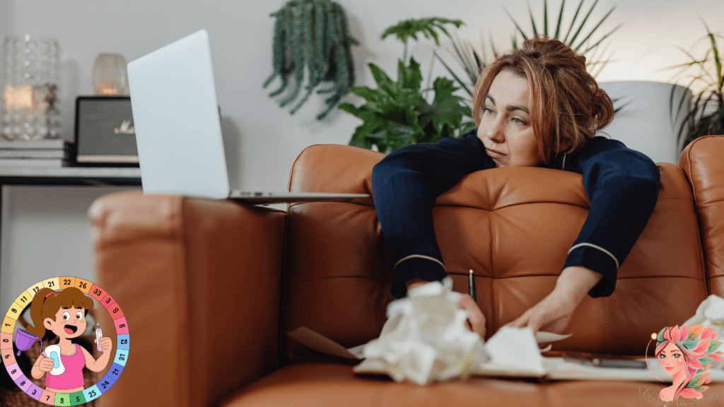 Femme épuisée affalée sur un canapé devant son ordinateur, symbolisant les jours de fatigue liés au cycle menstruel et l’importance d’adapter son emploi du temps.