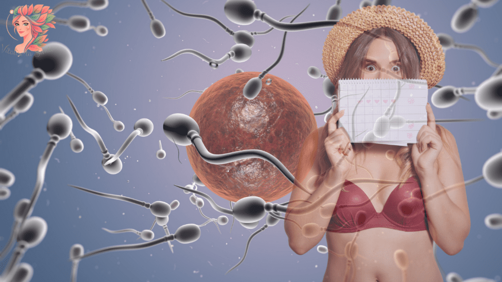 Femme tenant un calendrier menstruel devant une illustration d’ovule et de spermatozoïdes, symbolisant l’ovulation et la fenêtre fertile.