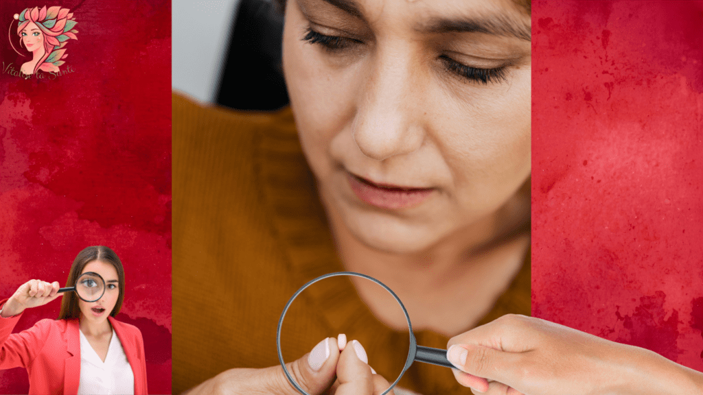 Femme observant une pilule à la loupe, cherchant à comprendre l’origine de ses troubles hormonaux