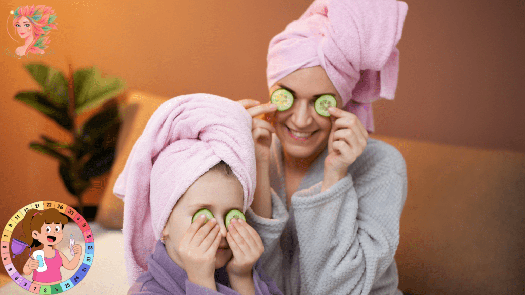 Maman et enfant en serviettes de bain, posant des rondelles de concombre sur les yeux, illustrant un moment de self-care et de ralentissement pendant les phases basses du cycle menstruel.