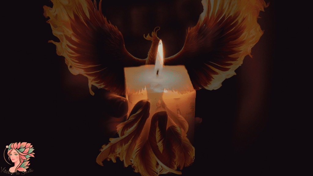 Illustration symbolique d’un phénix renaissant depuis la flamme d’une bougie, représentant la résilience, la transformation et la compréhension du cycle féminin.