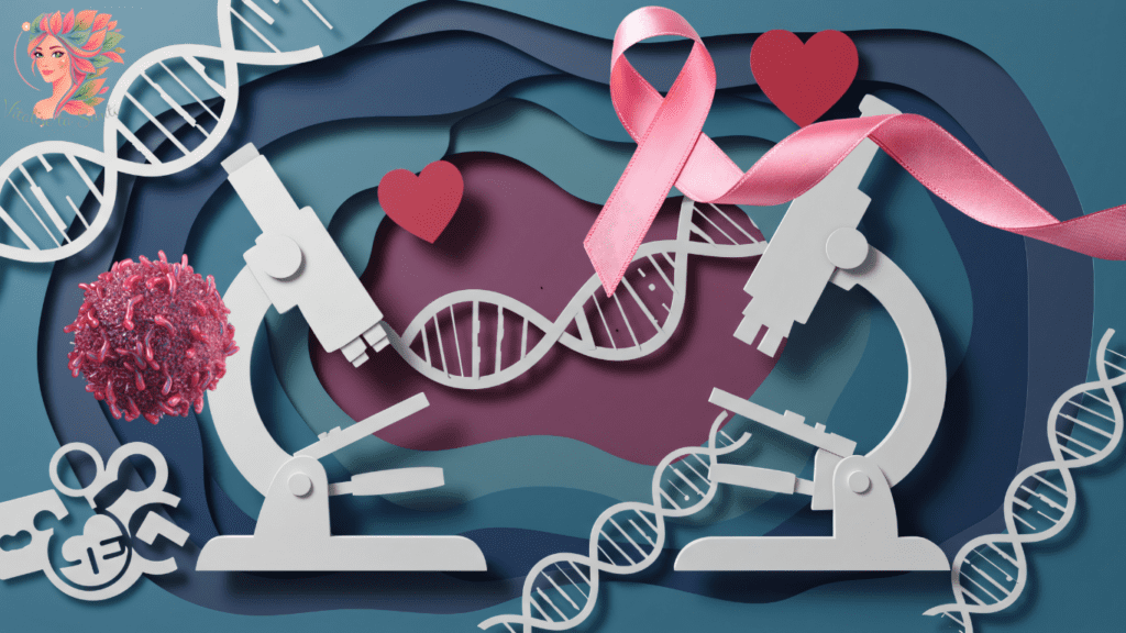 Illustration scientifique avec microscopes, ADN et ruban rose montrant les liens entre hormones, pilule et risque de cancer du sein