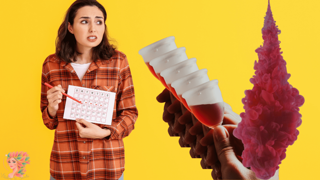 Femme inquiète devant son calendrier menstruel, avec des signes de cycles irréguliers et règles abondantes